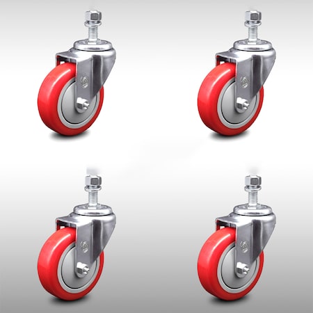 Service Caster 4 Inch SS Red Polyurethane Wheel Swivel 1/2 Inch Threaded Stem Caster Set SCC SCC-SSTS20S414-PPUB-RED-121315-4
